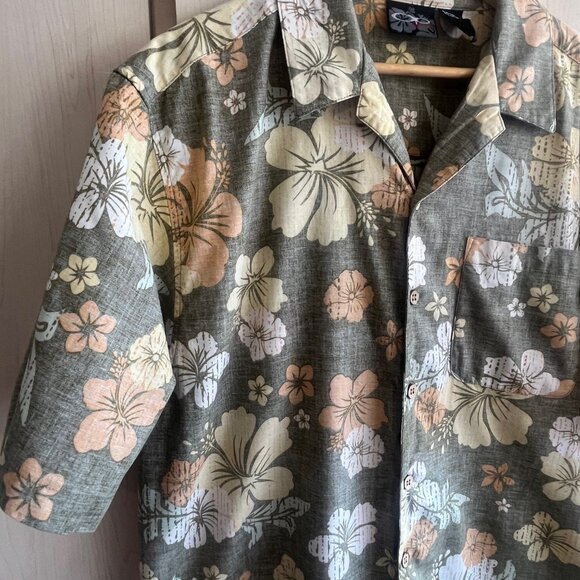 Vintage OP Sports Men’s Size Large Hawaiian Shirt‎ Floral Green Beige Cotton - Picture 3 of 7